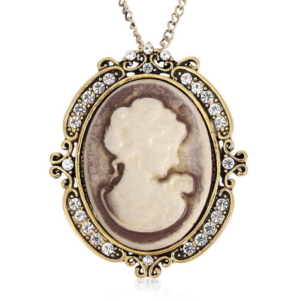 Cameo and White Austrian Crystal Pendant Necklace 24-26 Inches in Goldtone